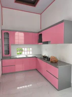 Tủ Bếp Chữ L Màu Hồng Phối Xám Độc Đáo | Nội Thất QL Home